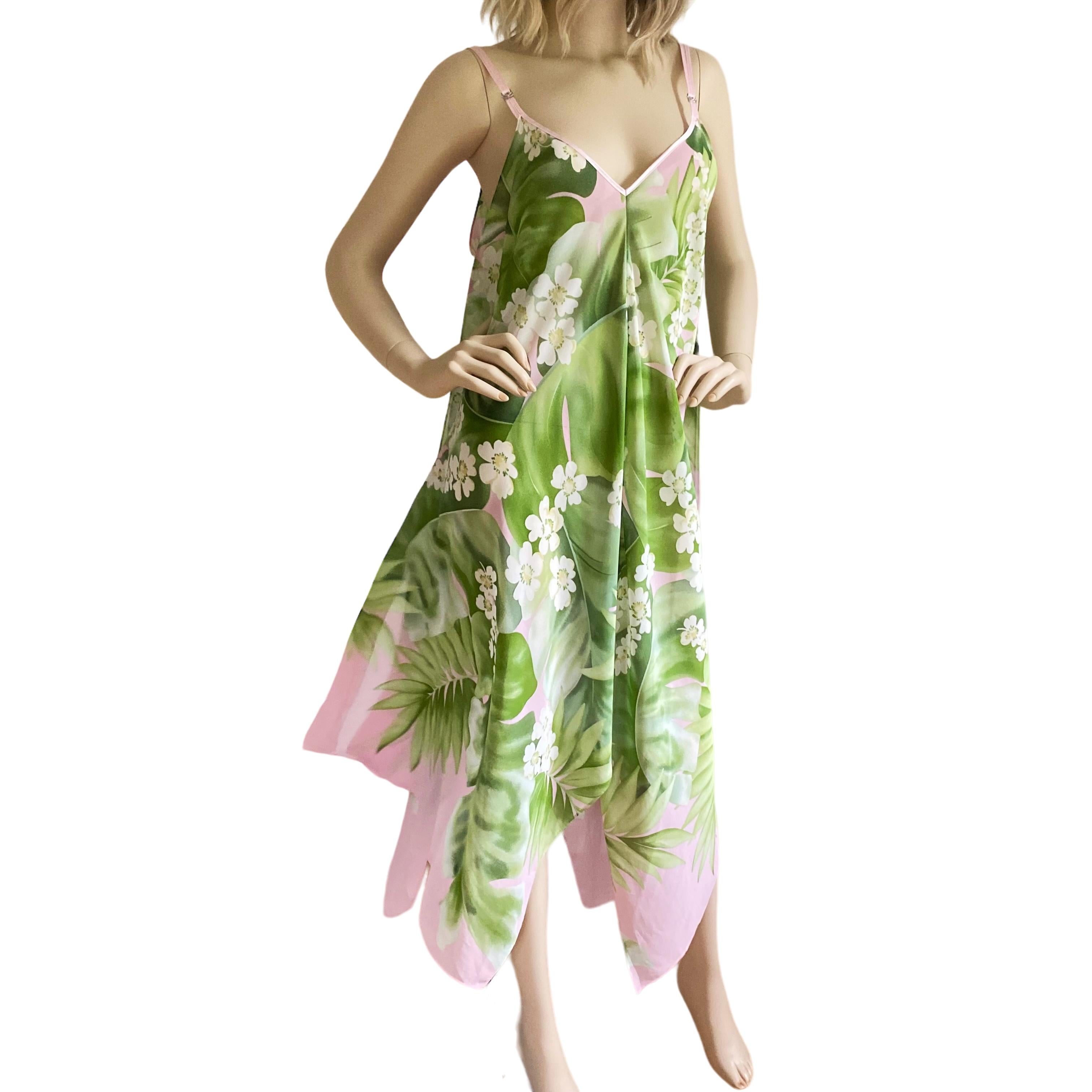 Beige Oscar de la Renta Green Pink Boho Floral Hankerchief Scarf Hi-Lo Dress  For Sale