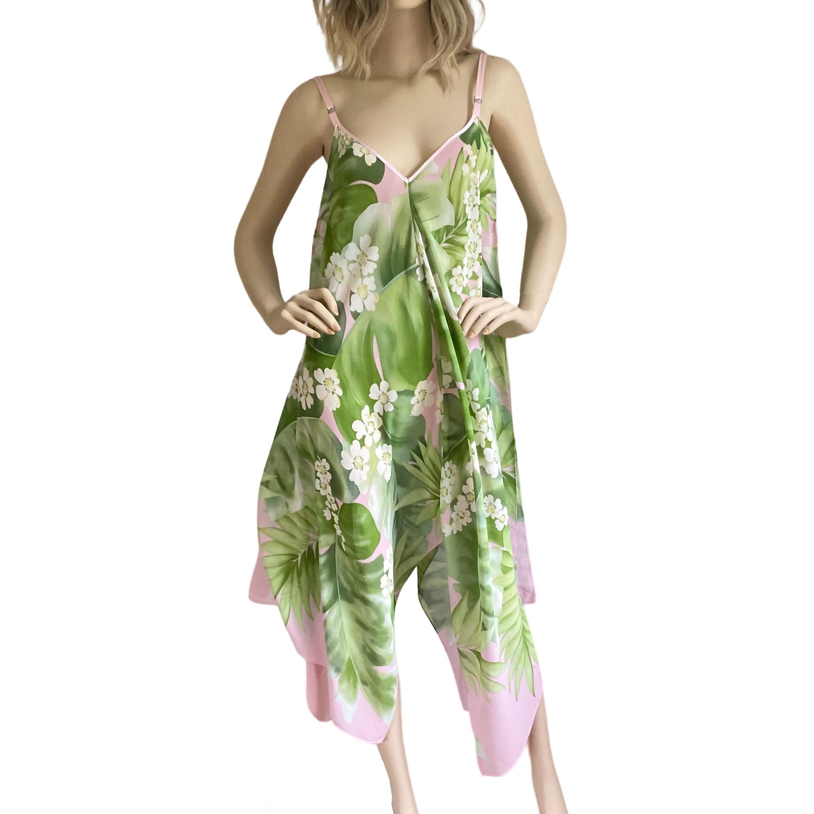 Women's Oscar de la Renta Green Pink Boho Floral Hankerchief Scarf Hi-Lo Dress  For Sale