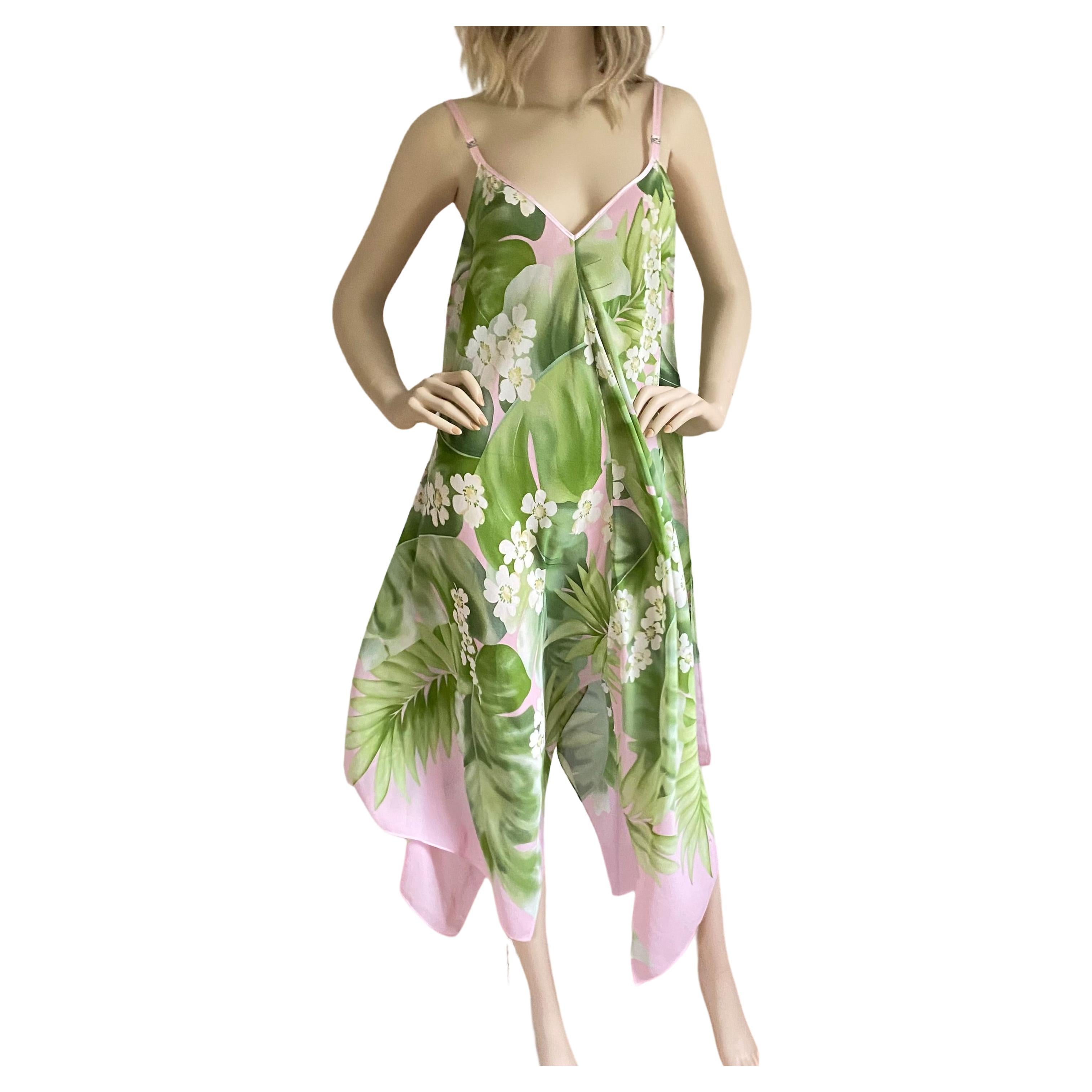 Oscar de la Renta Green Pink Boho Floral Hankerchief Scarf Hi-Lo Dress  For Sale
