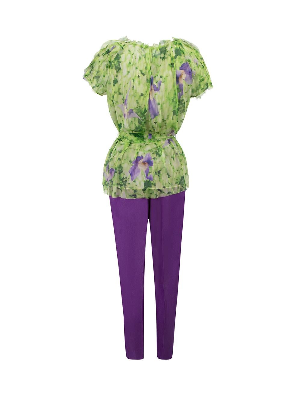 Gray Oscar de la Renta Green & Purple Silk Abstract Print Top & Trousers Set Size L