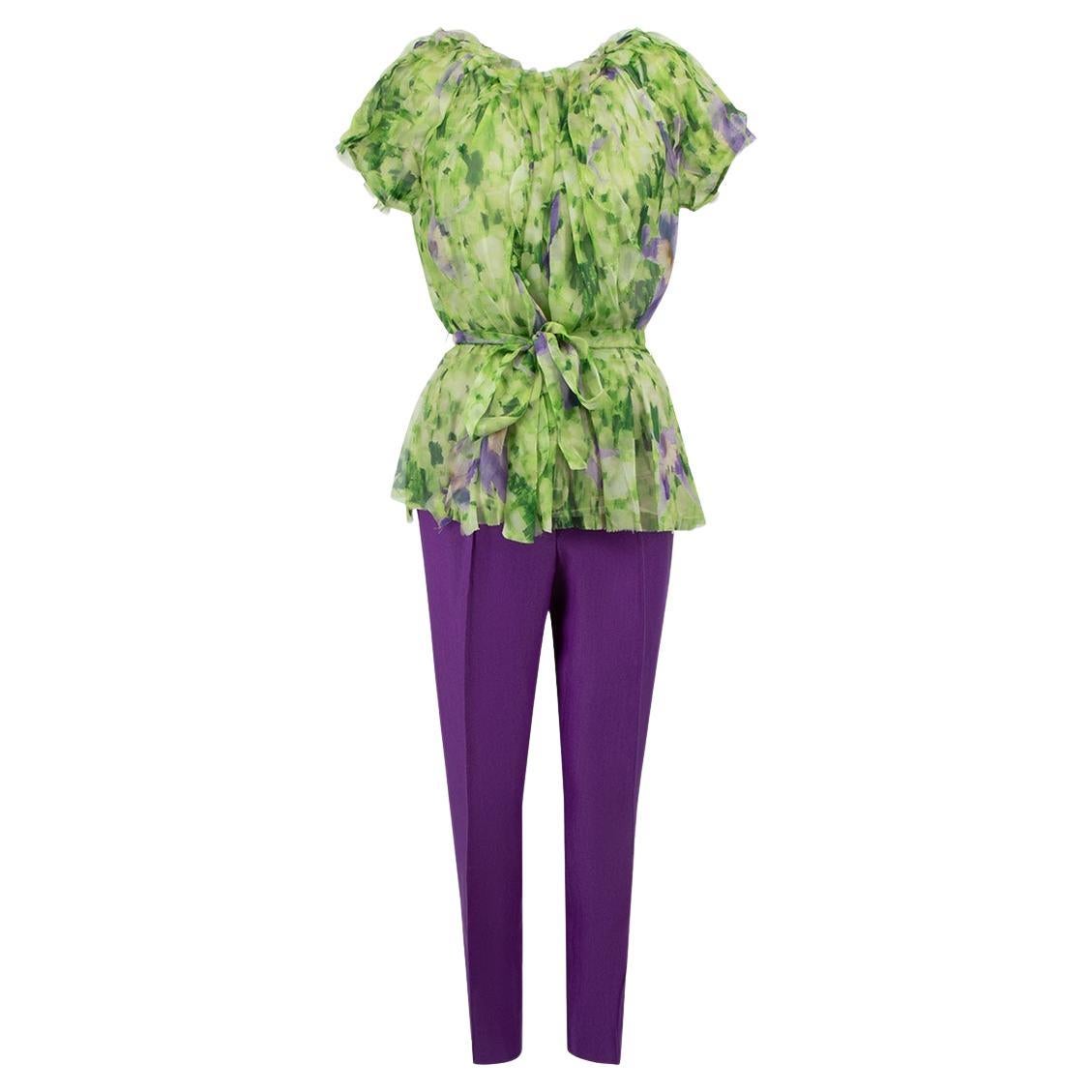 Oscar de la Renta Green & Purple Silk Abstract Print Top & Trousers Set Size L