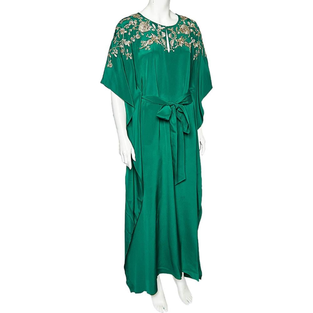 Oscar de la Renta Green Silk Embellished Belted Kaftan Dress M In Excellent Condition For Sale In Dubai, Al Qouz 2