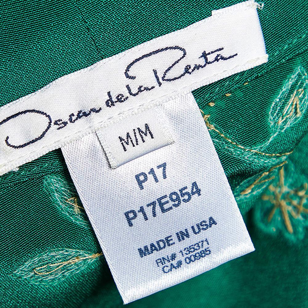 Women's Oscar de la Renta Green Silk Embellished Belted Kaftan Dress M For Sale