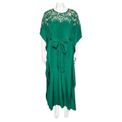 Oscar de la Renta Green Silk Embellished Belted Kaftan Dress M