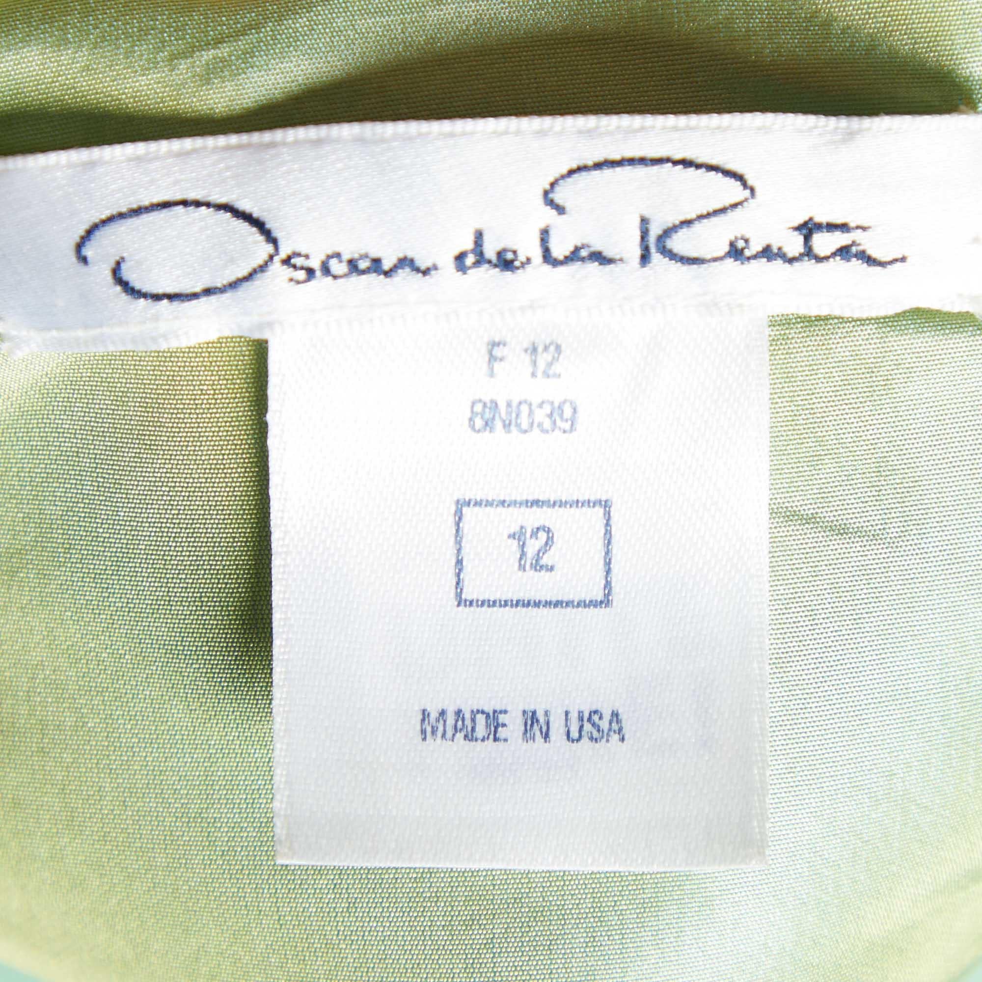 Women's Oscar de la Renta Green Silk Pleat Detail Draped Gown L