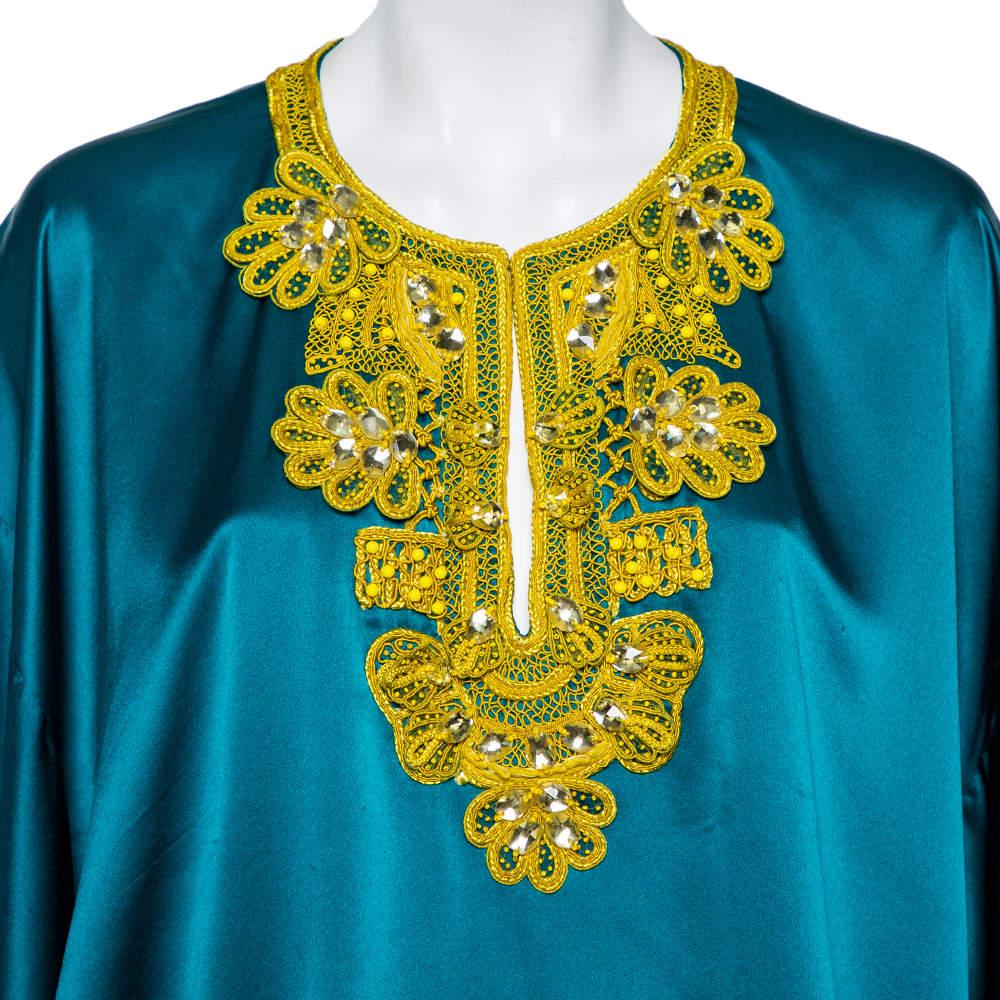 Women's Oscar de la Renta Green Silk Satin Embellished Neck Detail Oversized Top L