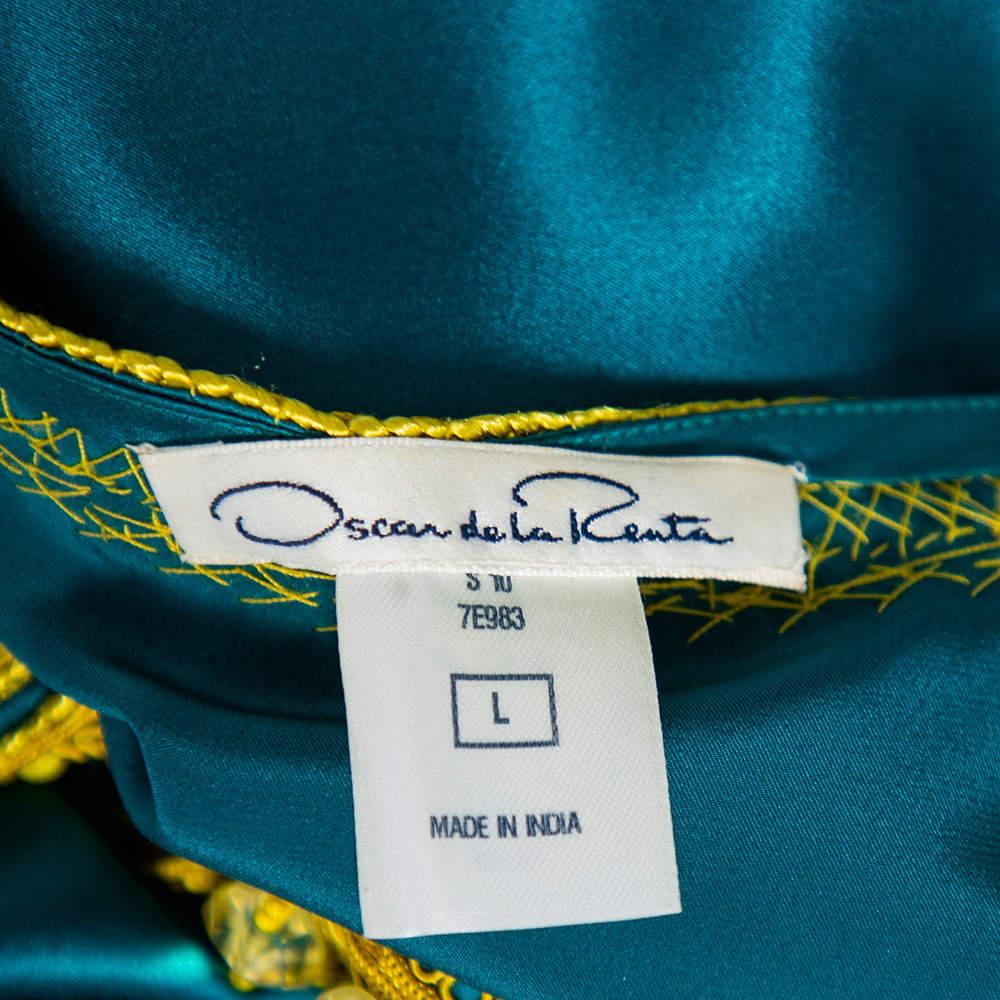 Oscar de la Renta Green Silk Satin Embellished Neck Detail Oversized Top L 1