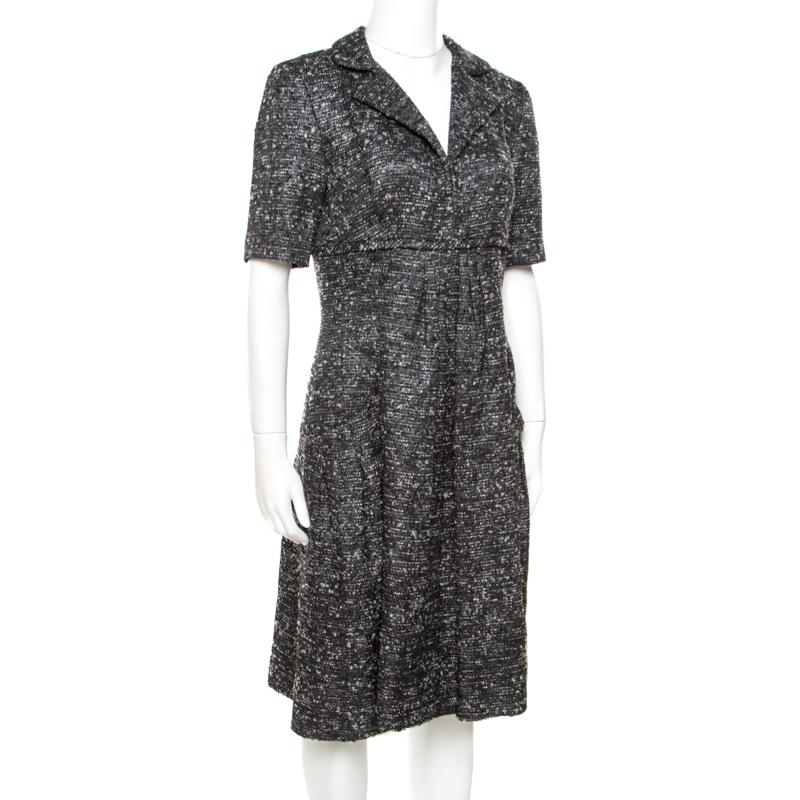 Black Oscar de la Renta Grey Textured Lurex Plunge Neck Detail Short Sleeve Dress M