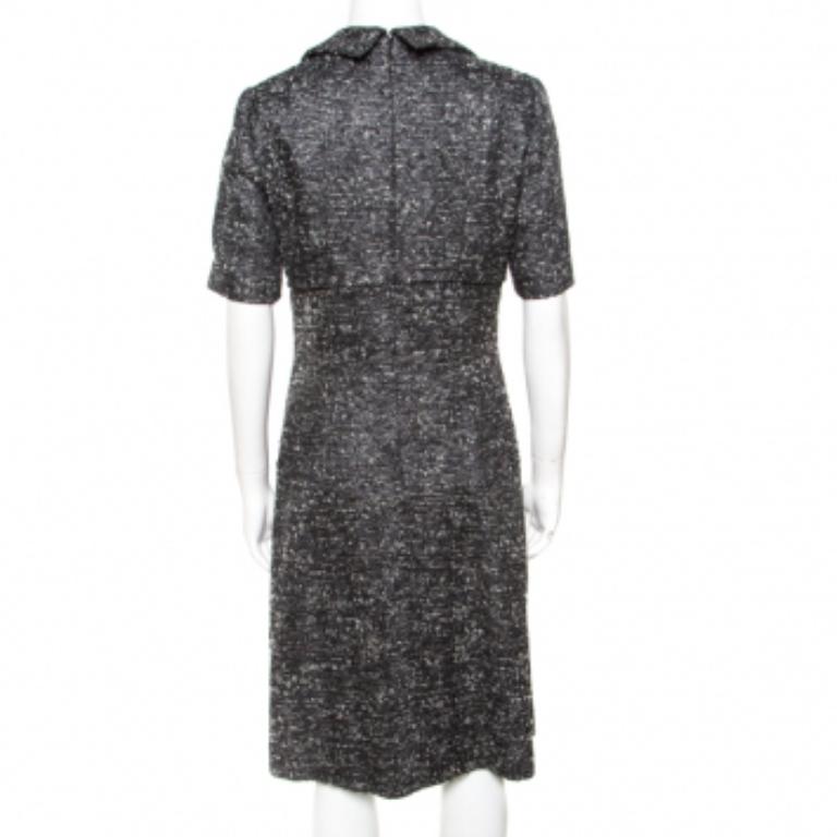 Oscar de la Renta Grey Textured Lurex Plunge Neck Detail Short Sleeve Dress M Pour femmes en vente