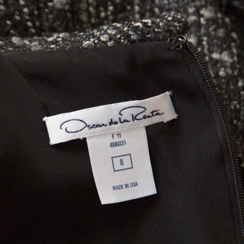 Women's Oscar de la Renta Grey Textured Lurex Plunge Neck Detail Short Sleeve Dress M