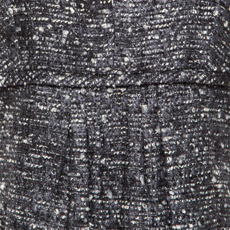 Oscar de la Renta Grey Textured Lurex Plunge Neck Detail Short Sleeve Dress M 1