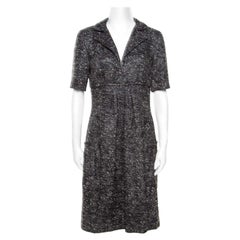 Oscar de la Renta Grey Textured Lurex Plunge Neck Detail Short Sleeve Dress M