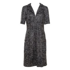 Oscar de la Renta Grey Textured Lurex Plunge Neck Detail Short Sleeve Dress M Oscar de la Renta Grey Textured Lurex Plunge Neck Detail Short Sleeve Dress M