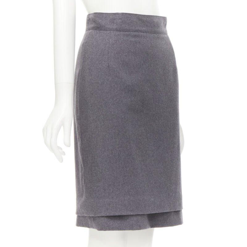 Gris OSCAR DE LA RENTA jupe crayon en laine grise à double ourlet superposé US2 XS en vente
