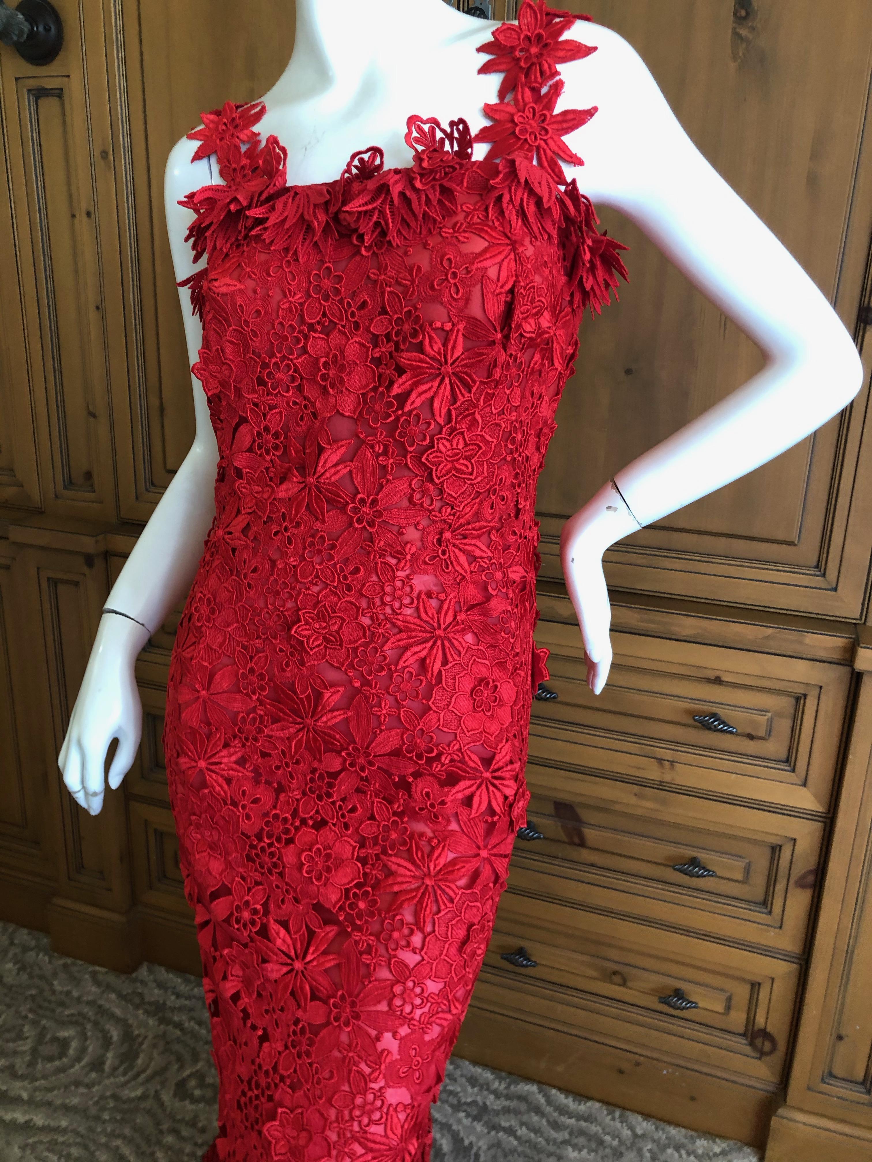 Red Oscar de la Renta Guipure Lace Strapless Evening Dress w Matching Mantilla Wrap For Sale