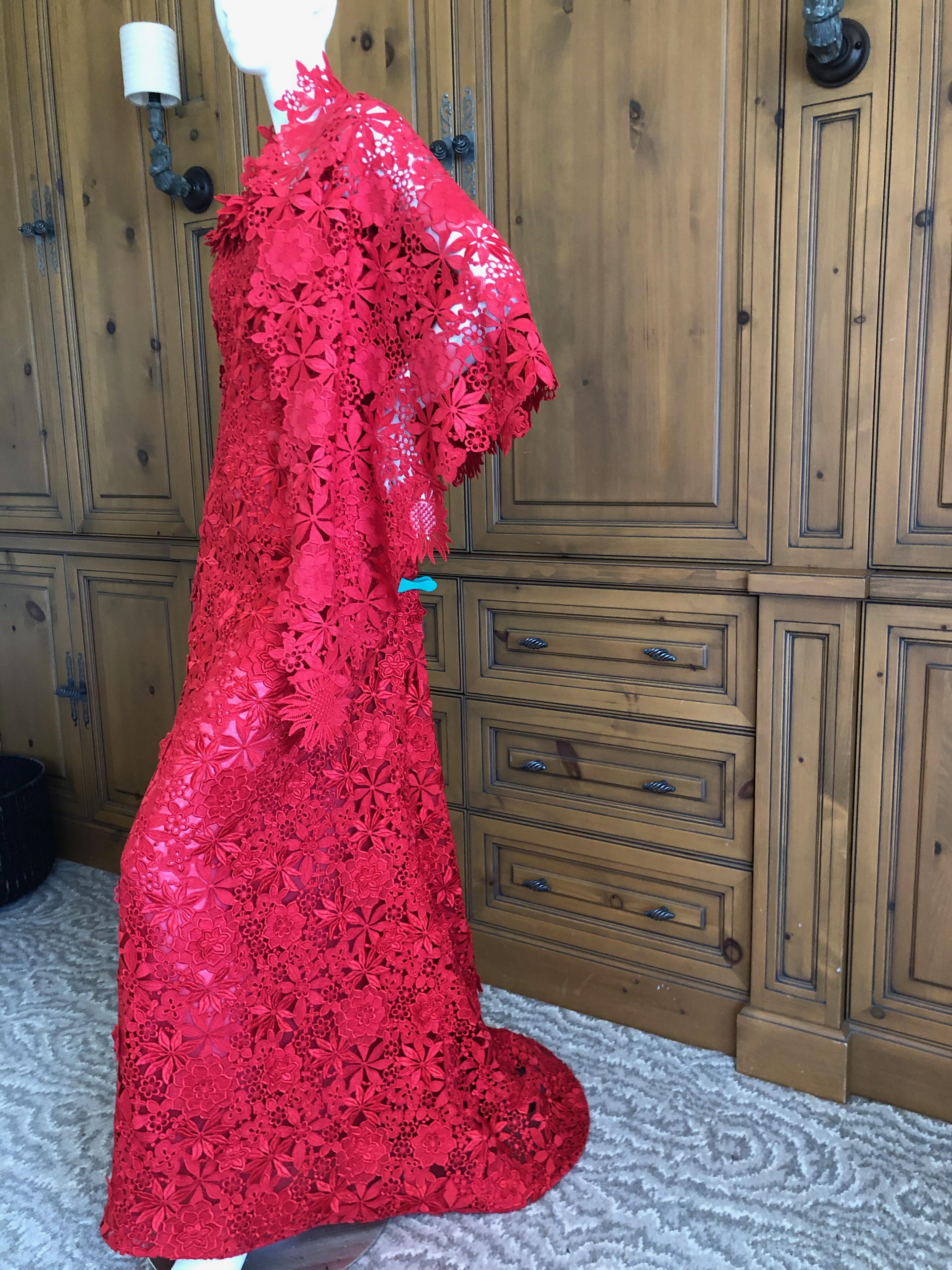 Oscar de la Renta Guipure Lace Strapless Evening Dress w Matching Mantilla Wrap For Sale 2