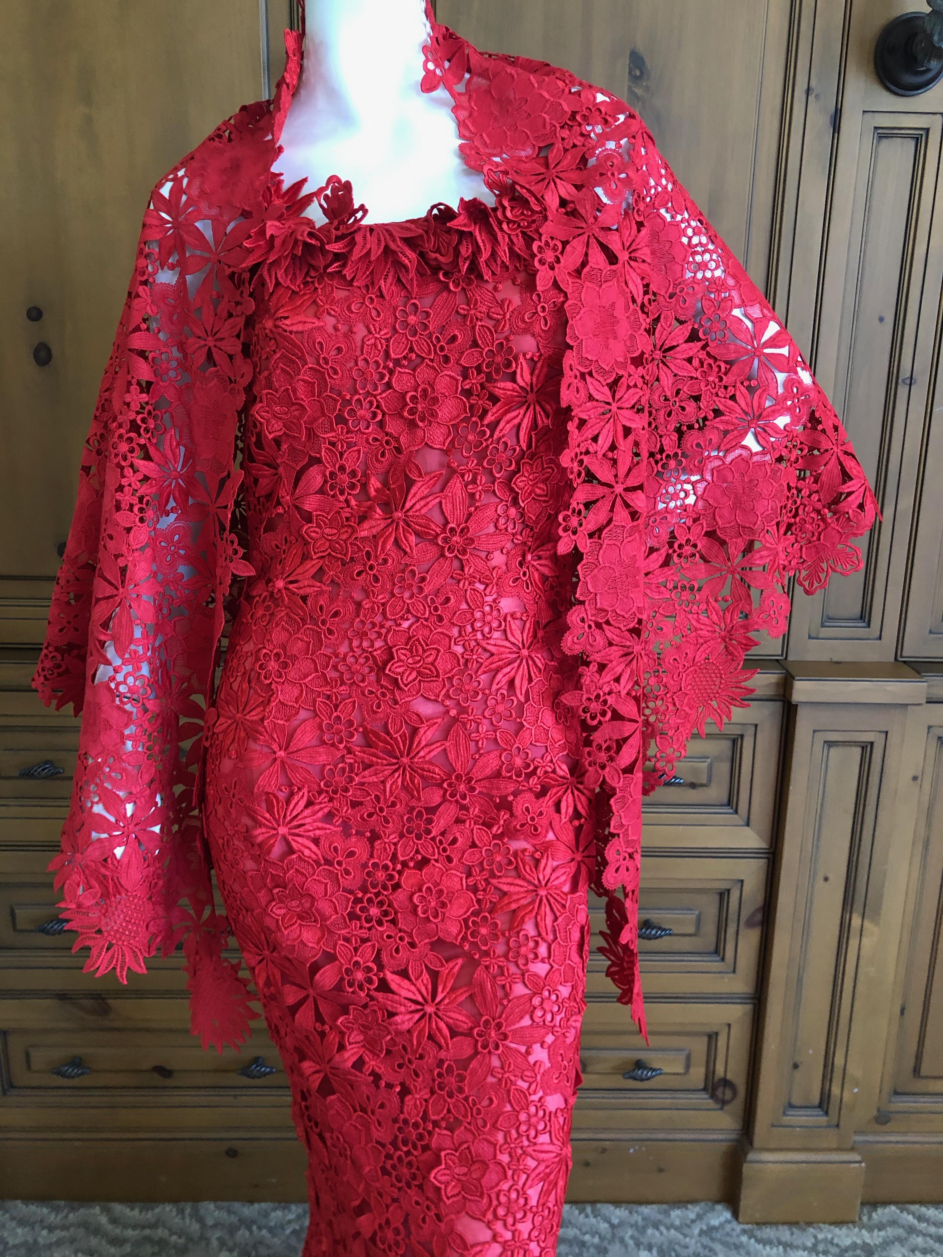 Oscar de la Renta Guipure Lace Strapless Evening Dress w Matching Mantilla Wrap For Sale 3