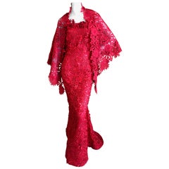 Oscar de la Renta Guipure Lace Strapless Evening Dress w Matching Mantilla Wrap