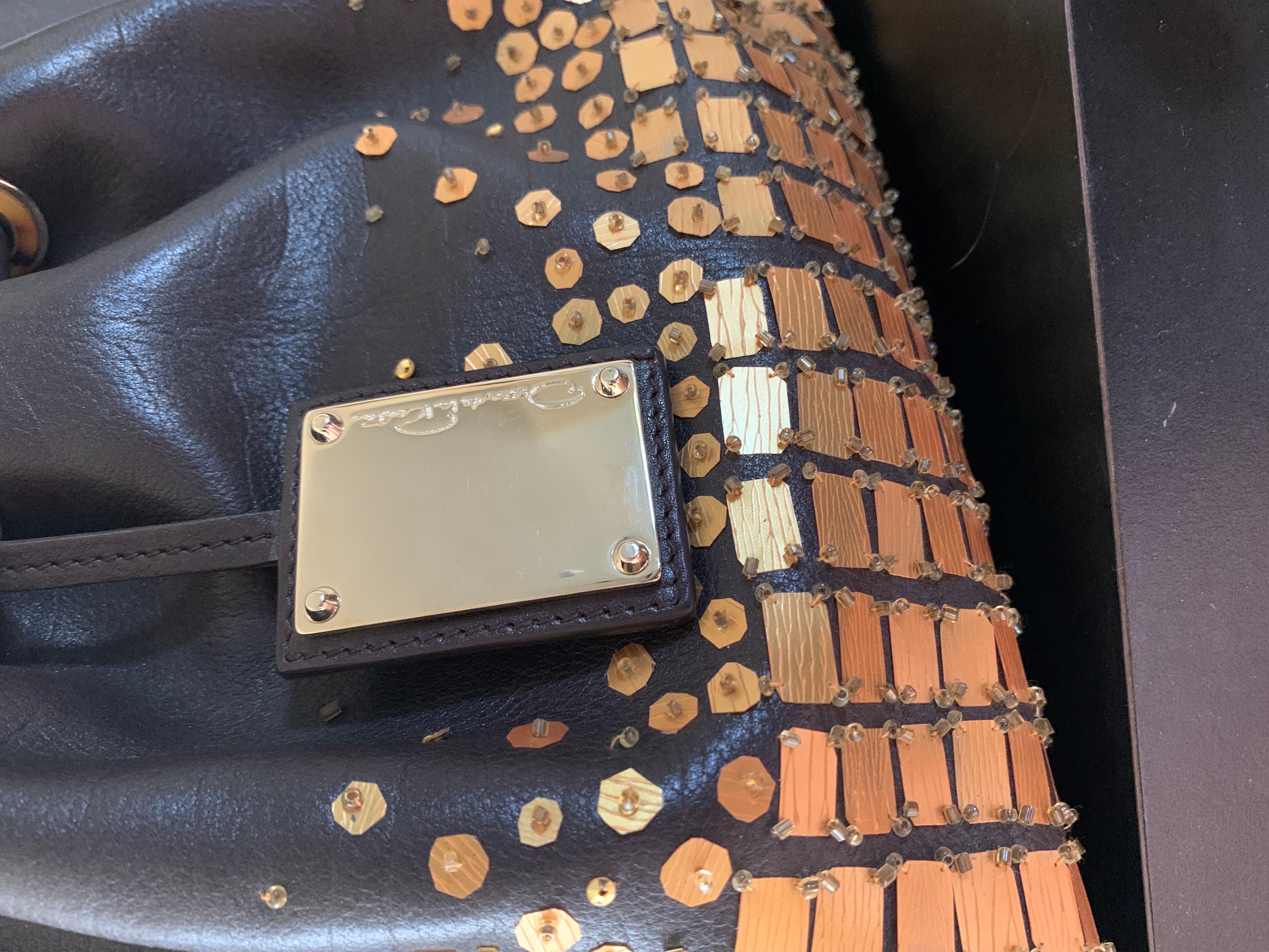 Oscar de la Renta Hand Beaded Brown Leather Handbag, Italy. NWOT For Sale 5