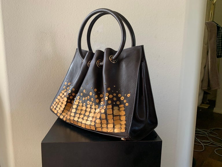 Black Oscar de la Renta Hand Beaded Brown Leather Handbag, Italy. NWOT For Sale