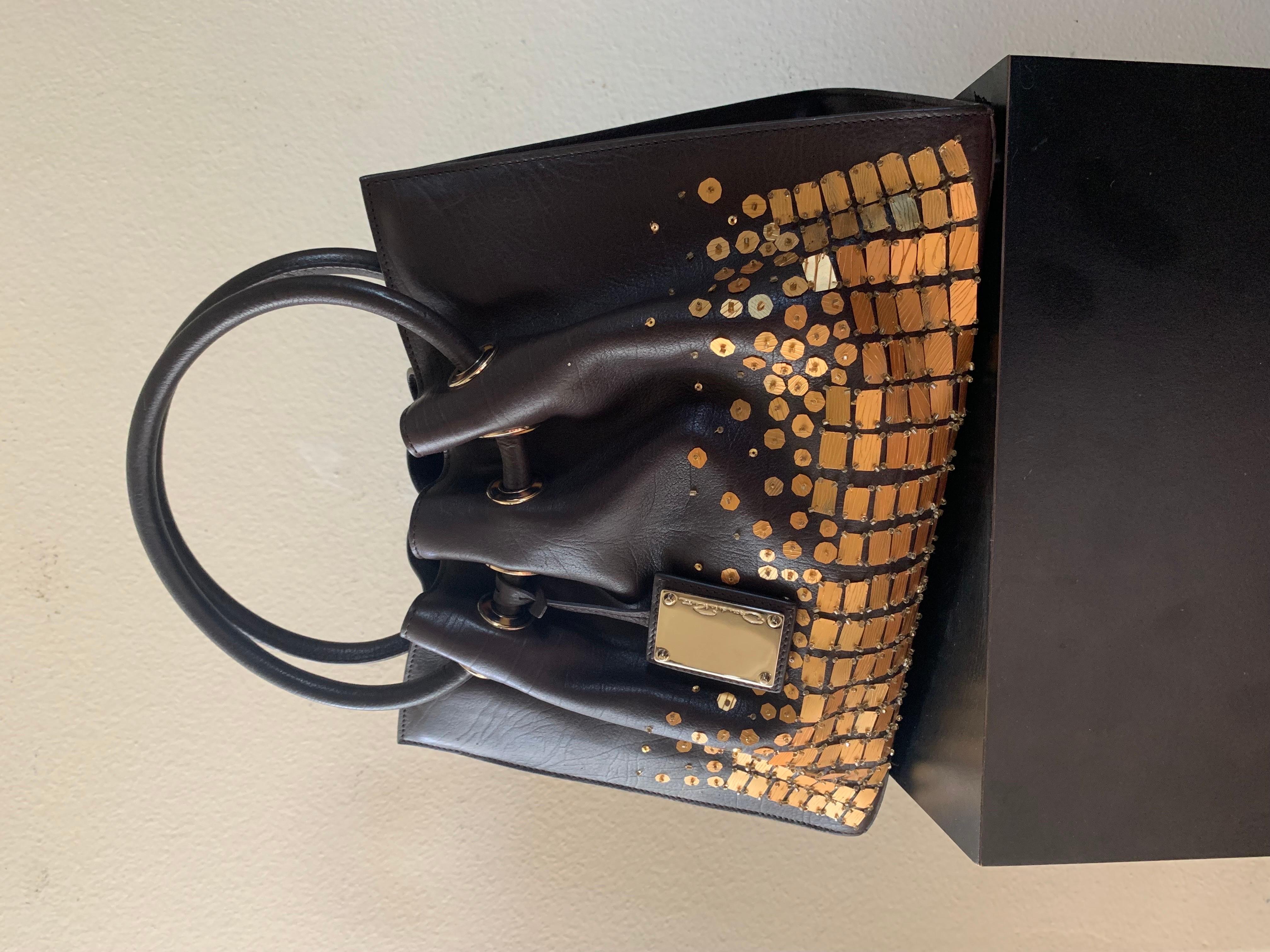 Women's Oscar de la Renta Hand Beaded Brown Leather Handbag, Italy. NWOT For Sale