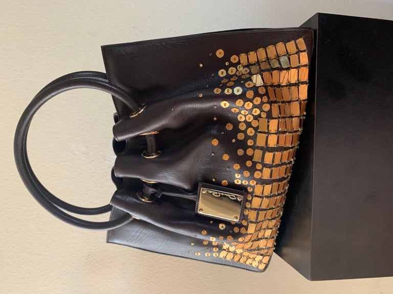 Oscar de la Renta Hand Beaded Brown Leather Handbag, Italy. NWOT For Sale 2