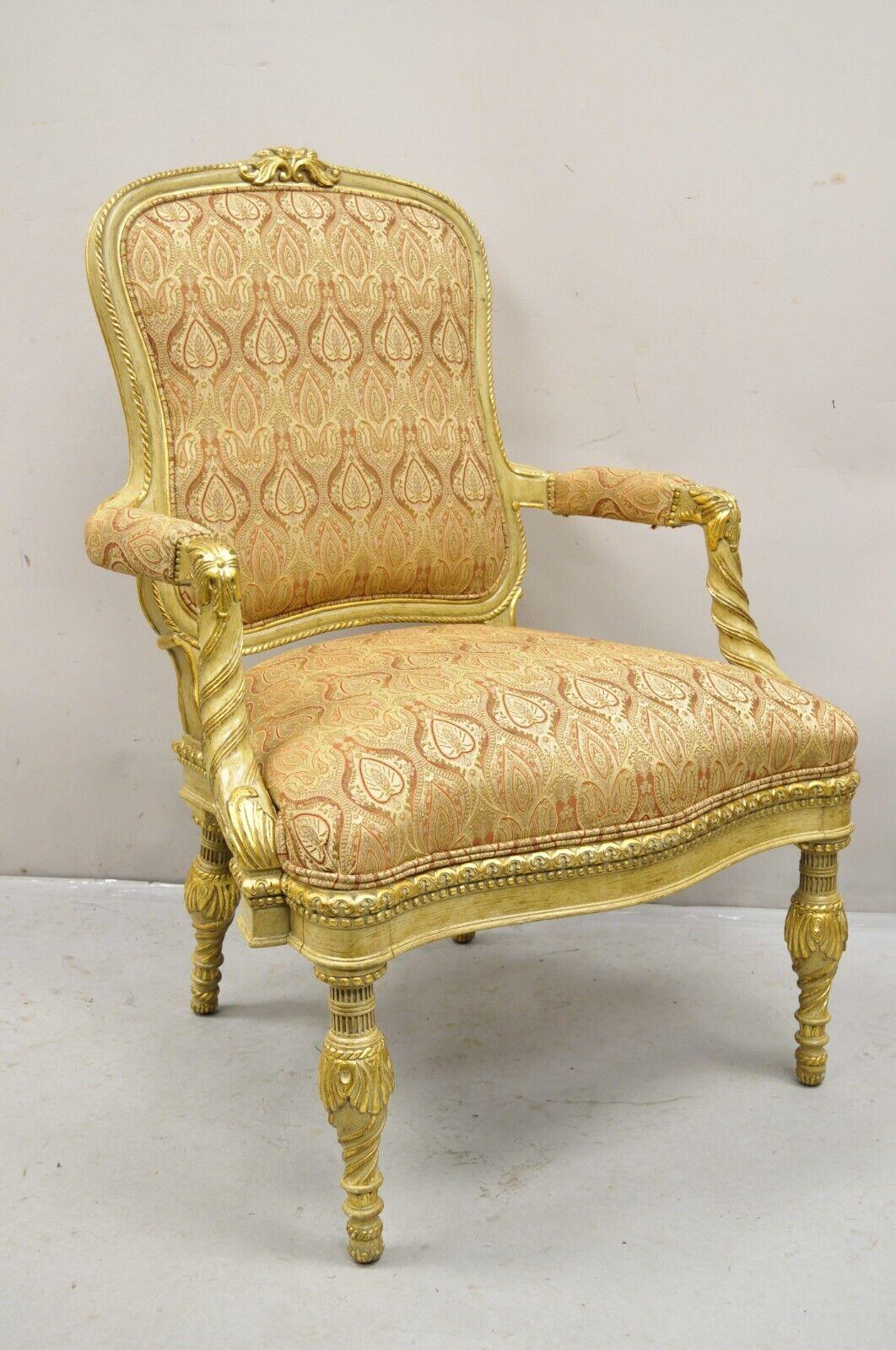 Oscar de la Renta Home by Century Furniture Italian Neoclassical Style Gold Gilt Cream Painted Armchair. Circa Late 20th Century
Measurements: 44
