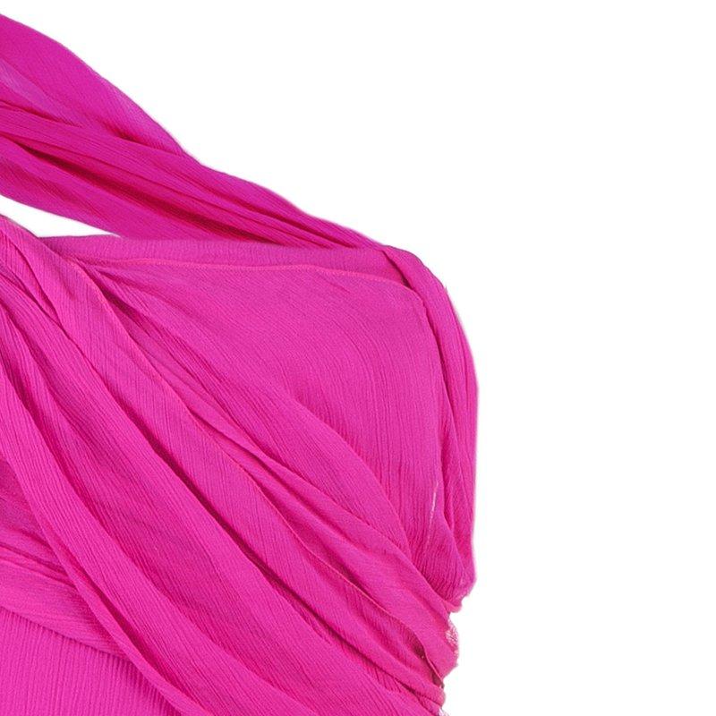 Oscar De La Renta Hot Pink Chiffon Belted Gown L In Excellent Condition In Dubai, Al Qouz 2