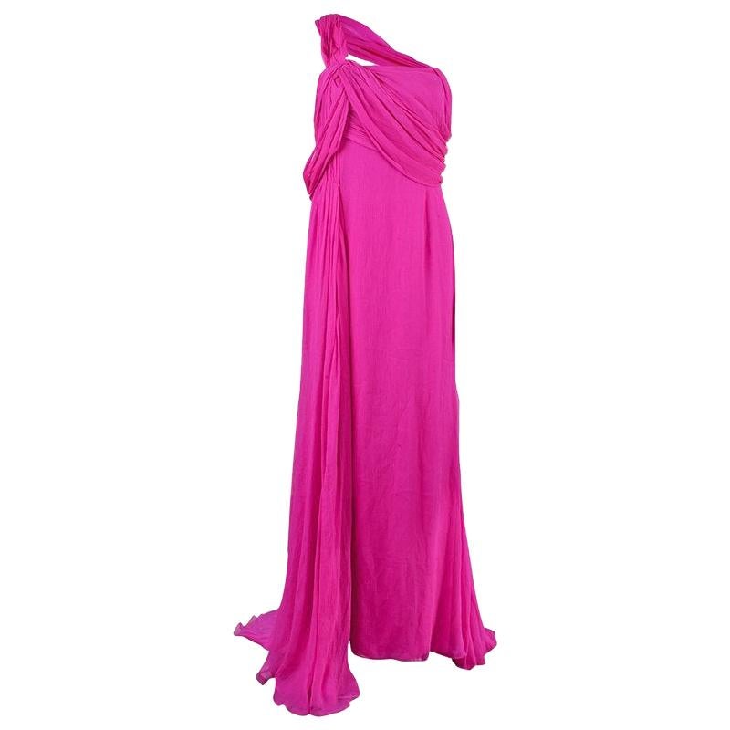 Oscar De La Renta Hot Pink Chiffon Belted Gown L