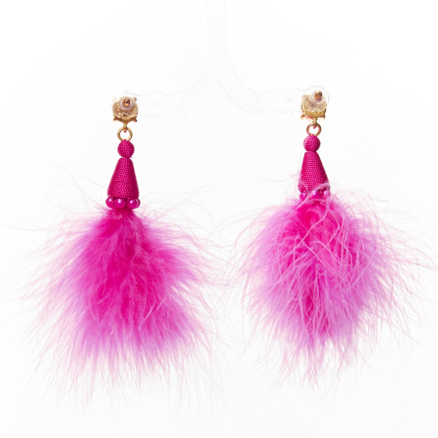 Women's OSCAR DE LA RENTA hot pink ostrich feather bead crystal pin earrings pair For Sale