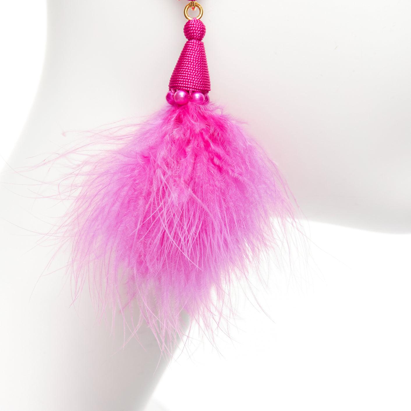 OSCAR DE LA RENTA hot pink ostrich feather bead crystal pin earrings pair For Sale 2
