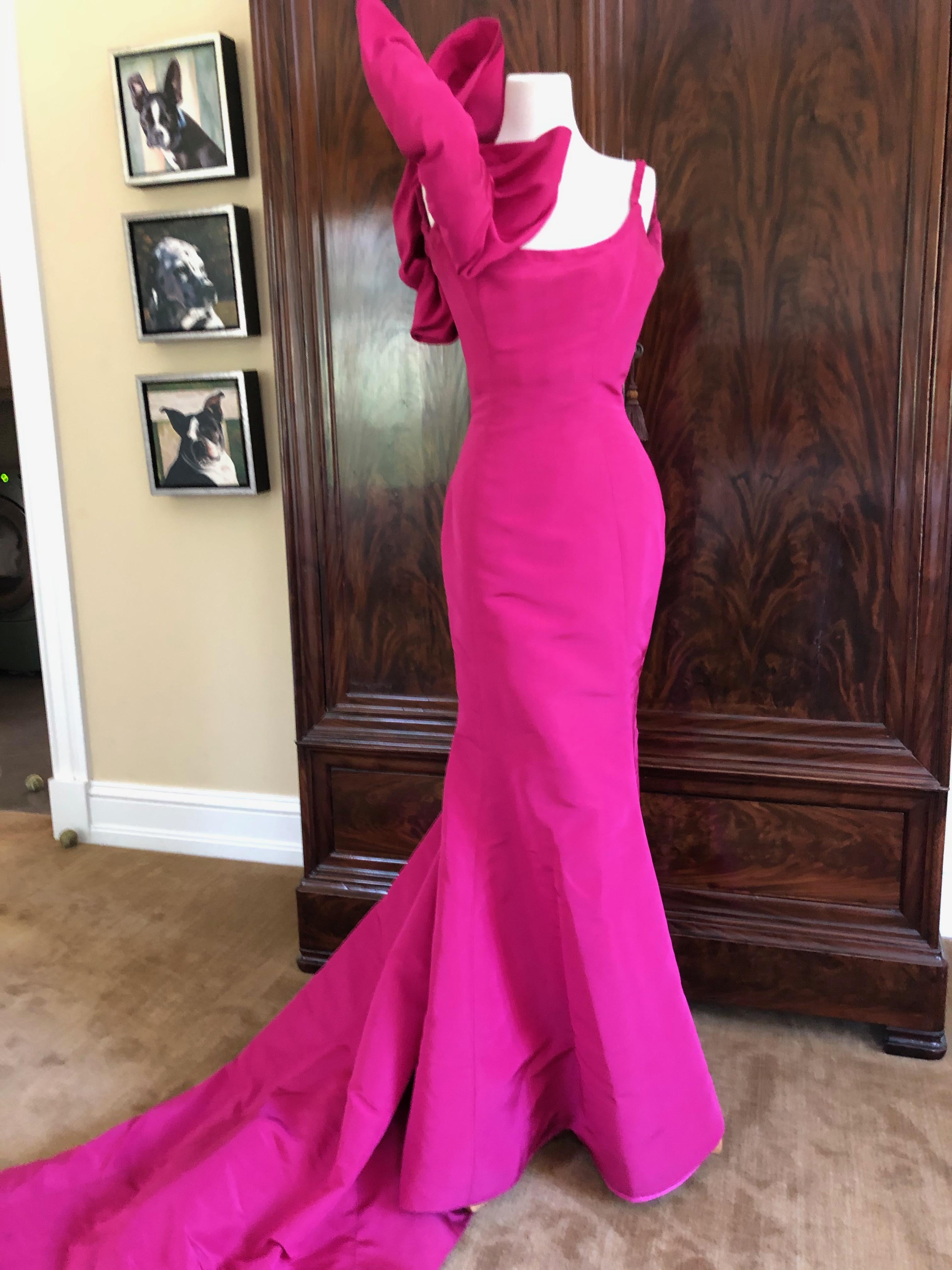 Women's Oscar de la Renta Hot Pink Vintage Mermaid Dress w Inner Corset  and Long Train For Sale
