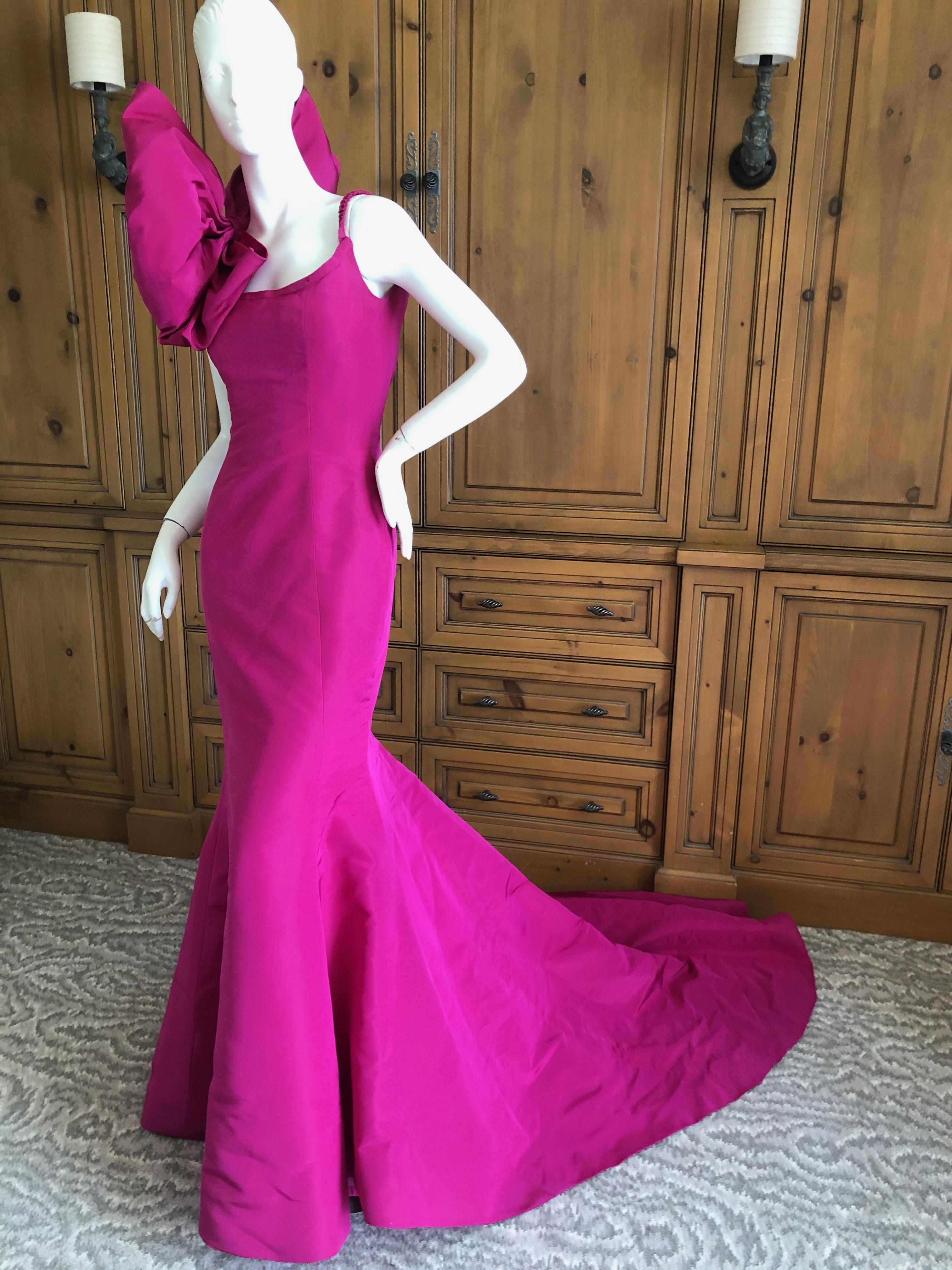 Oscar de la Renta Hot Pink Vintage Mermaid Dress w Inner Corset  and Long Train For Sale 3