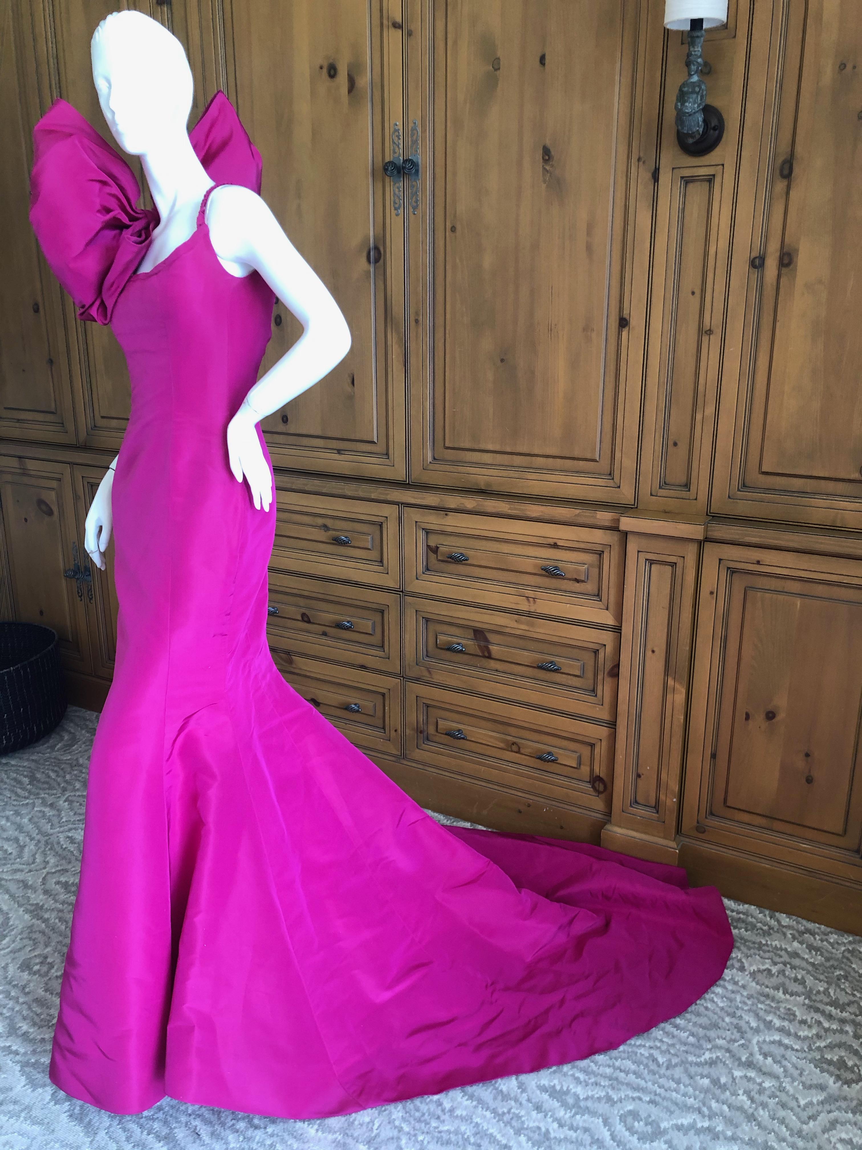 Oscar de la Renta Hot Pink Vintage Mermaid Dress w Inner Corset  and Long Train For Sale 4