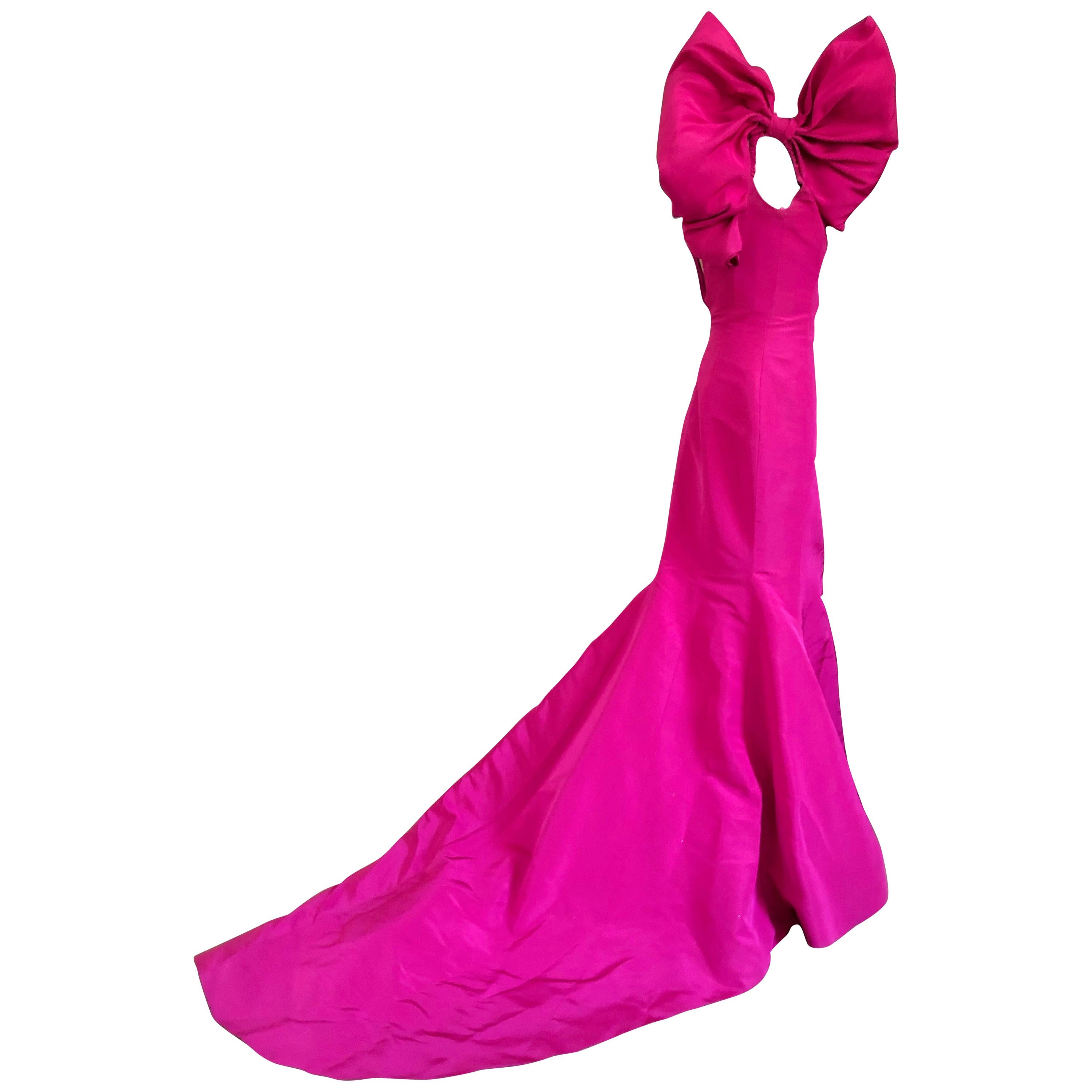 Oscar de la Renta Hot Pink Vintage Mermaid Dress w Inner Corset  and Long Train For Sale