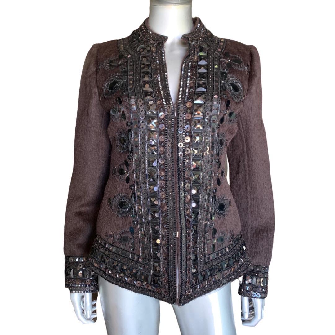Oscar de la Renta Italy Brown Zip Jacket w/ Metal & Jewel Embellishments Size 8 For Sale 5