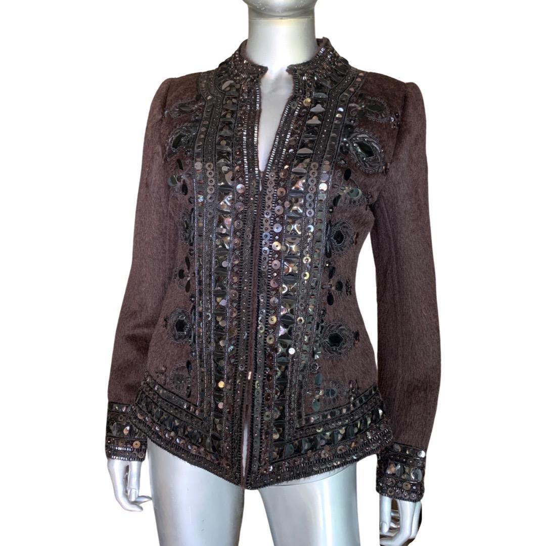 Oscar de la Renta Italy Brown Zip Jacket w/ Metal & Jewel Embellishments Size 8 For Sale 6