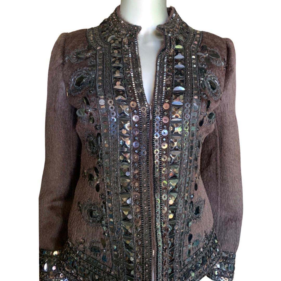 Oscar de la Renta Italy Brown Zip Jacket w/ Metal & Jewel Embellishments Size 8 For Sale 8