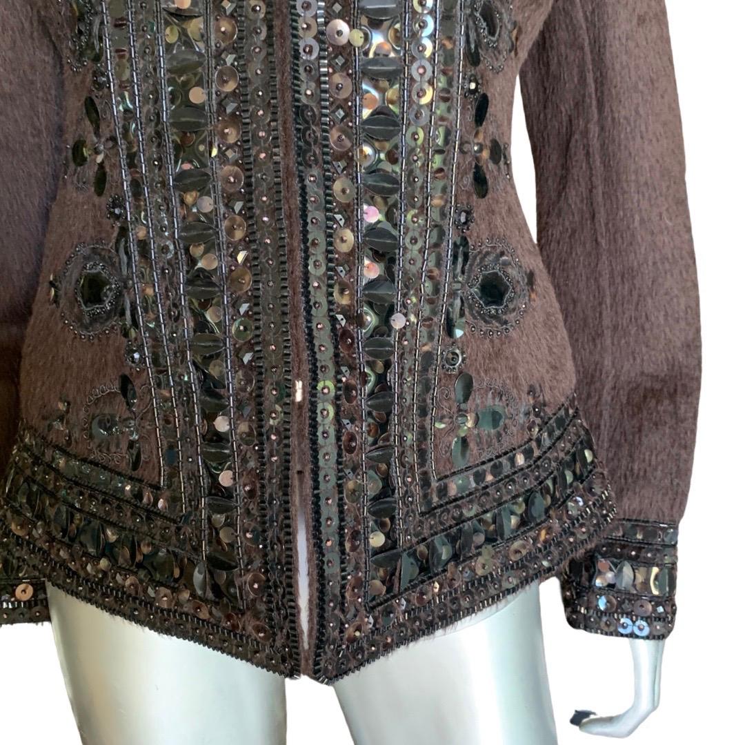 Oscar de la Renta Italy Brown Zip Jacket w/ Metal & Jewel Embellishments Size 8 For Sale 11