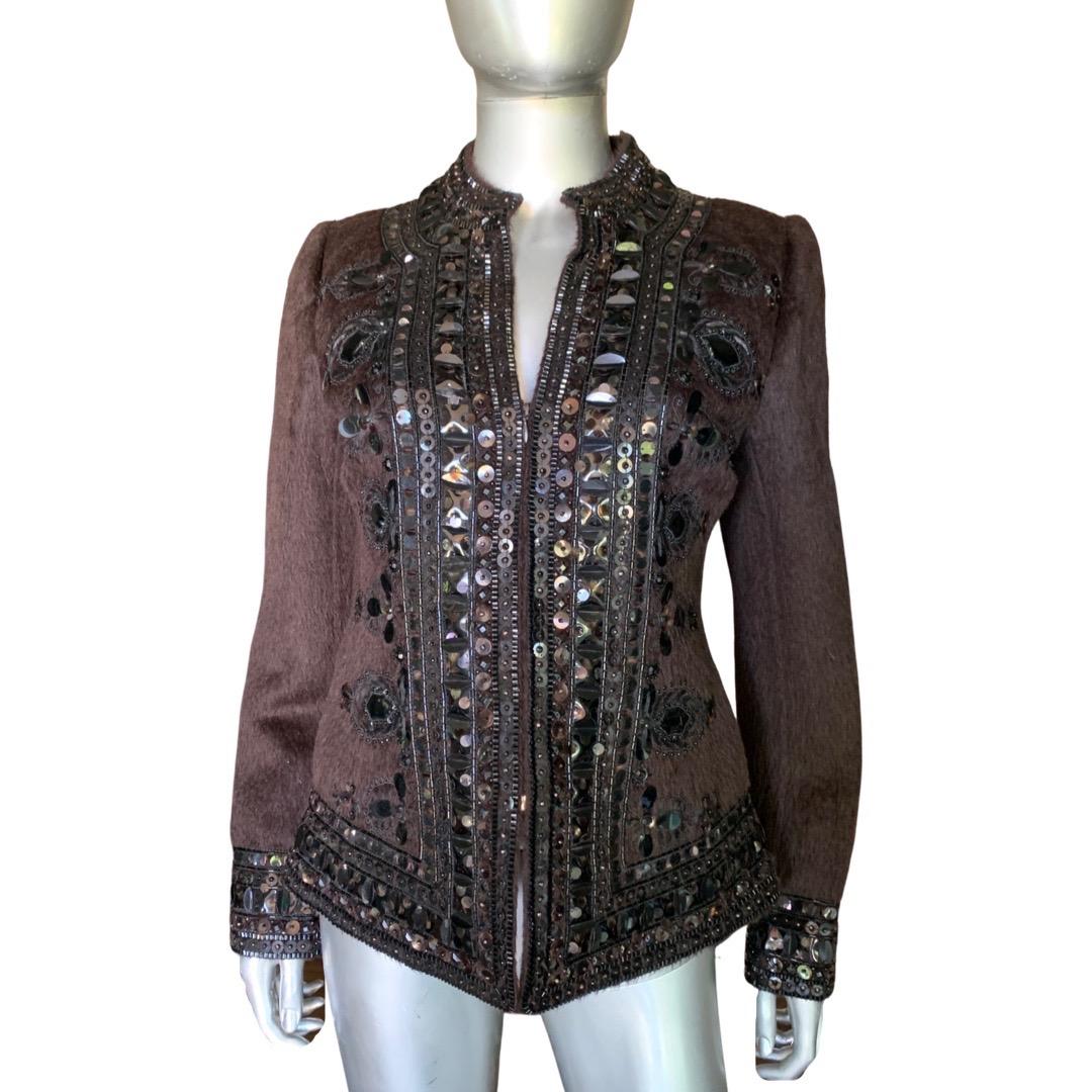 Oscar de la Renta Italy Brown Zip Jacket w/ Metal & Jewel Embellishments Size 8 For Sale 13