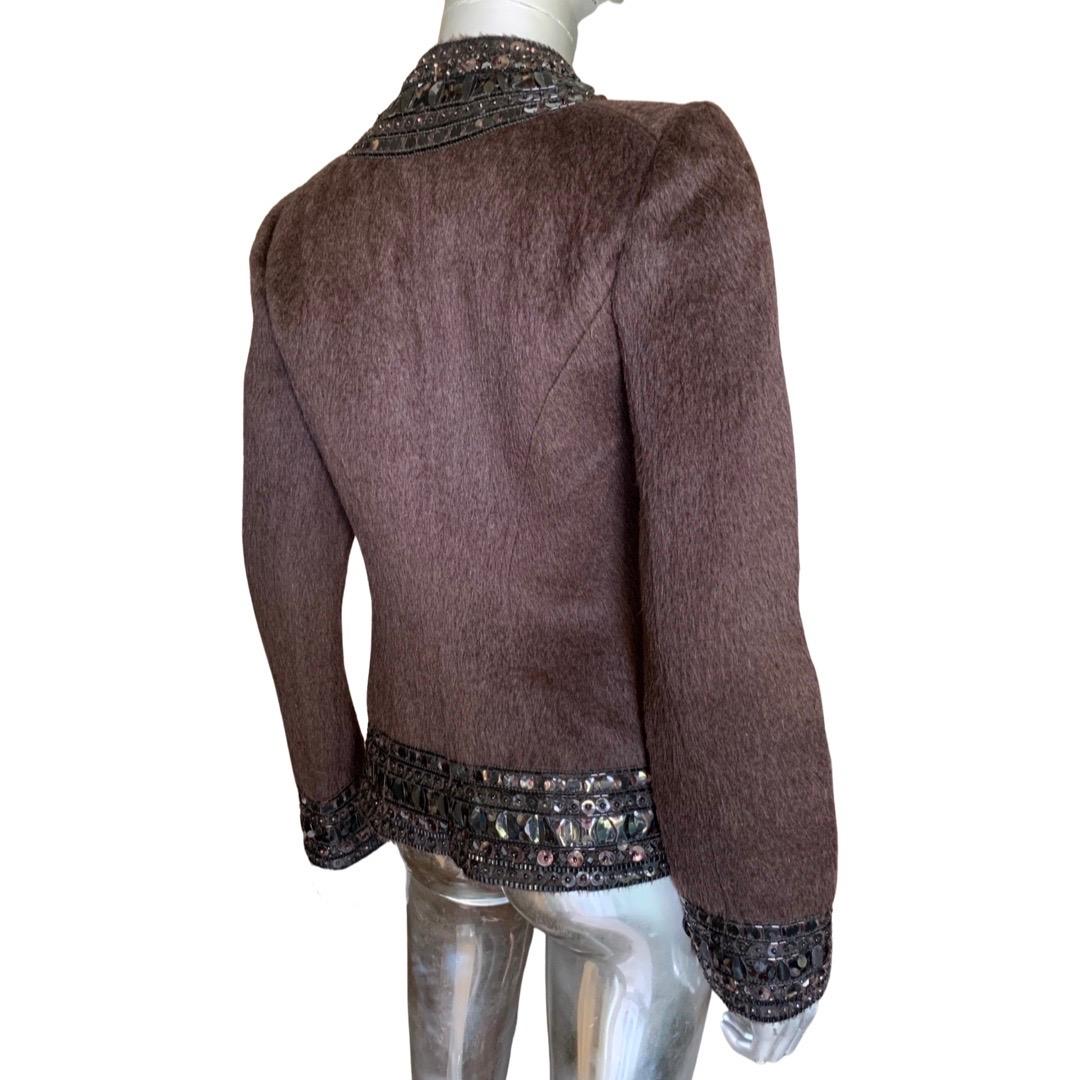 Black Oscar de la Renta Italy Brown Zip Jacket w/ Metal & Jewel Embellishments Size 8 For Sale