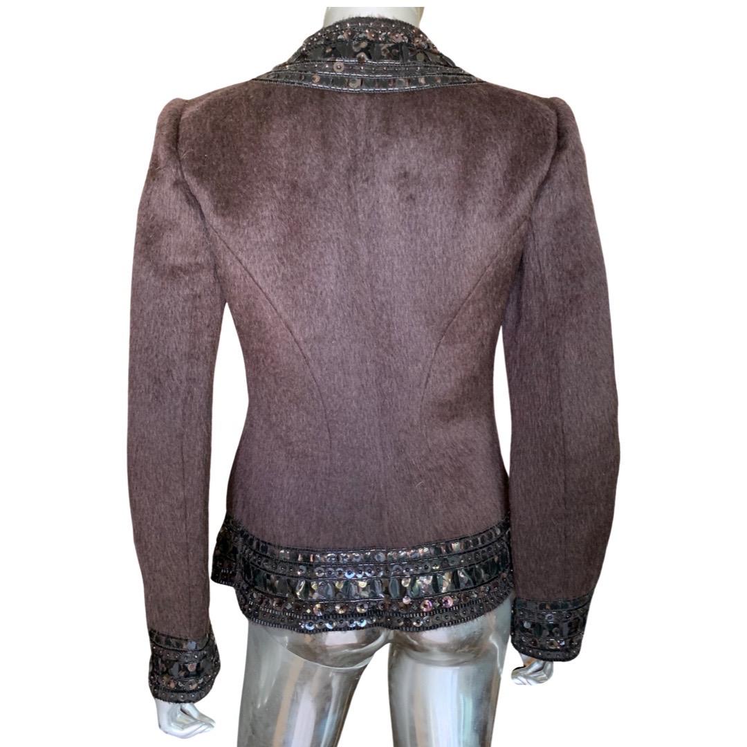 Oscar de la Renta Italy Brown Zip Jacket w/ Metal & Jewel Embellishments Size 8 In Good Condition For Sale In Palm Springs, CA