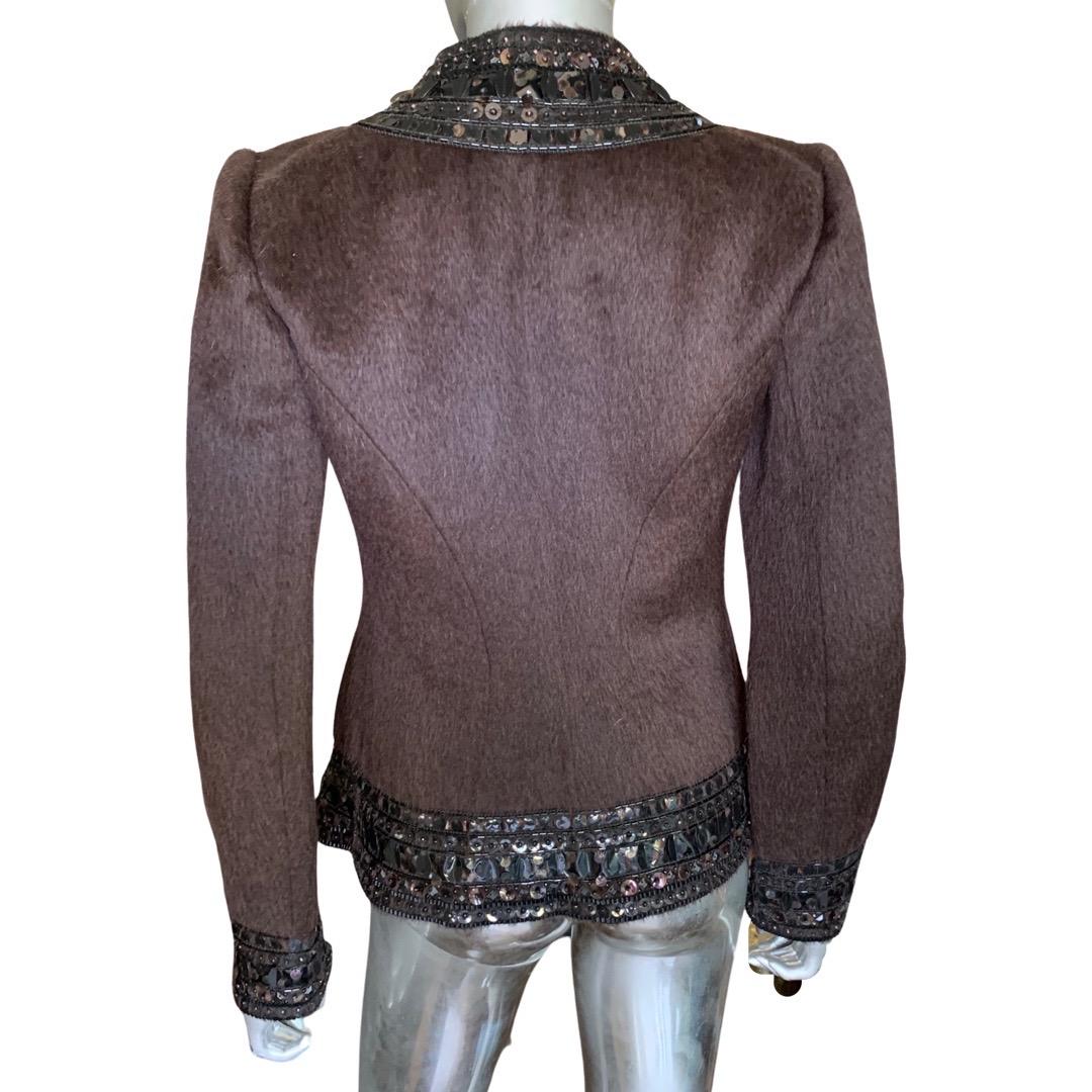 Women's Oscar de la Renta Italy Brown Zip Jacket w/ Metal & Jewel Embellishments Size 8 For Sale