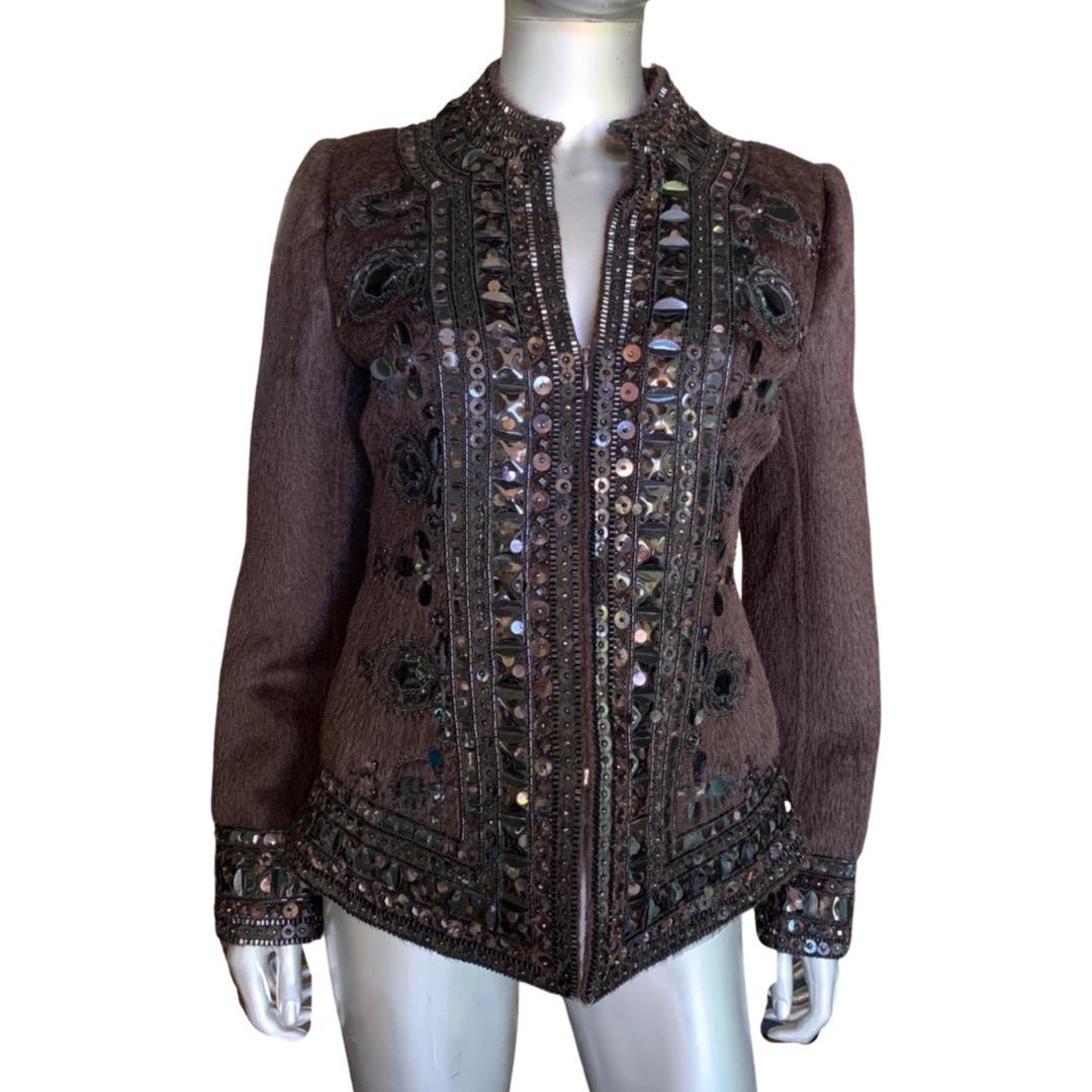 Oscar de la Renta Italy Brown Zip Jacket w/ Metal & Jewel Embellishments Size 8 For Sale 1