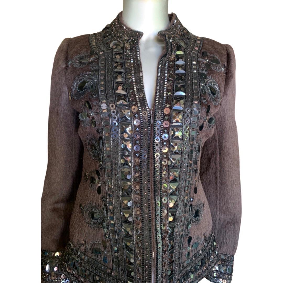 Oscar de la Renta Italy Brown Zip Jacket w/ Metal & Jewel Embellishments Size 8 For Sale 2