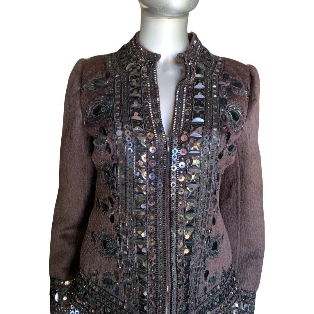 Oscar de la Renta Italy Brown Zip Jacket w/ Metal & Jewel Embellishments Size 8 For Sale 3
