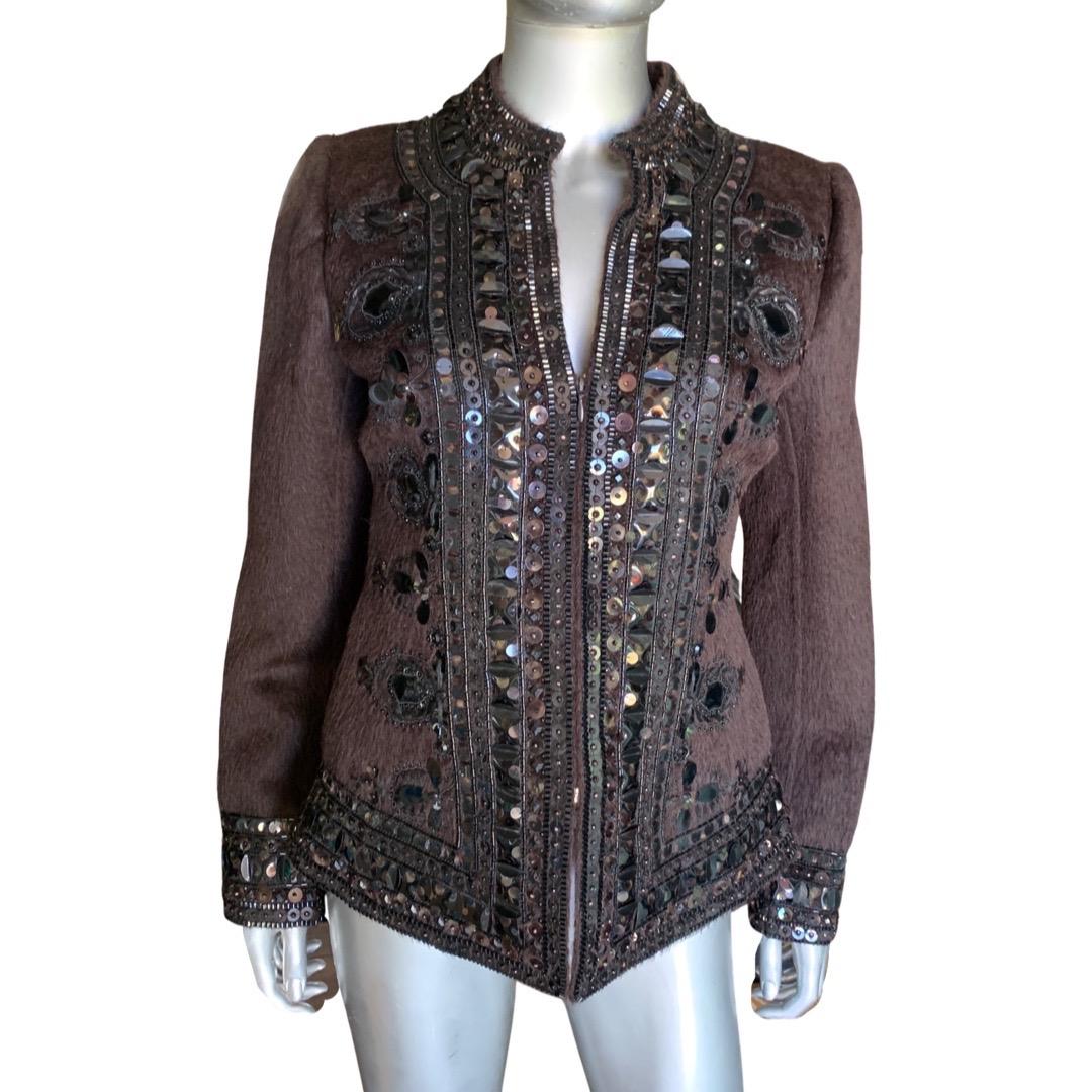 Oscar de la Renta Italy Brown Zip Jacket w/ Metal & Jewel Embellishments Size 8 For Sale 4
