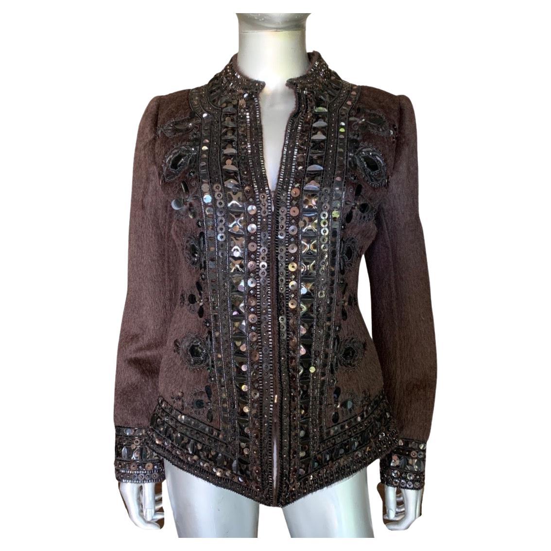 Oscar De La Renta Italia Chaqueta marrón con cremallera y adornos de metal y joyas Talla 8