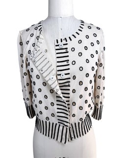 Oscar De La Renta Ivory and Black Beaded Polka Dot Cardigan Sweater