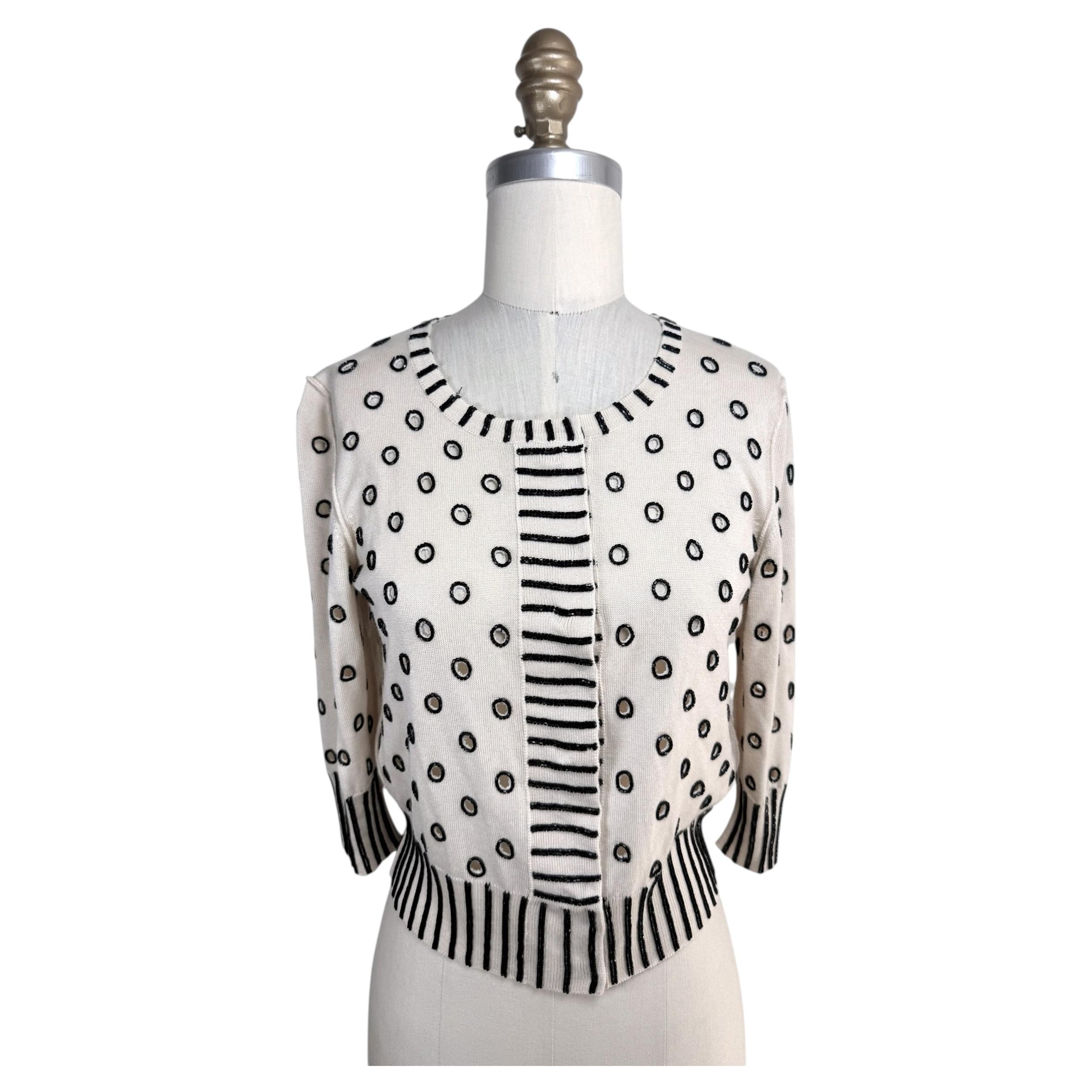 Oscar De La Renta Ivory and Black Beaded Polka Dot Cardigan Sweater en vente